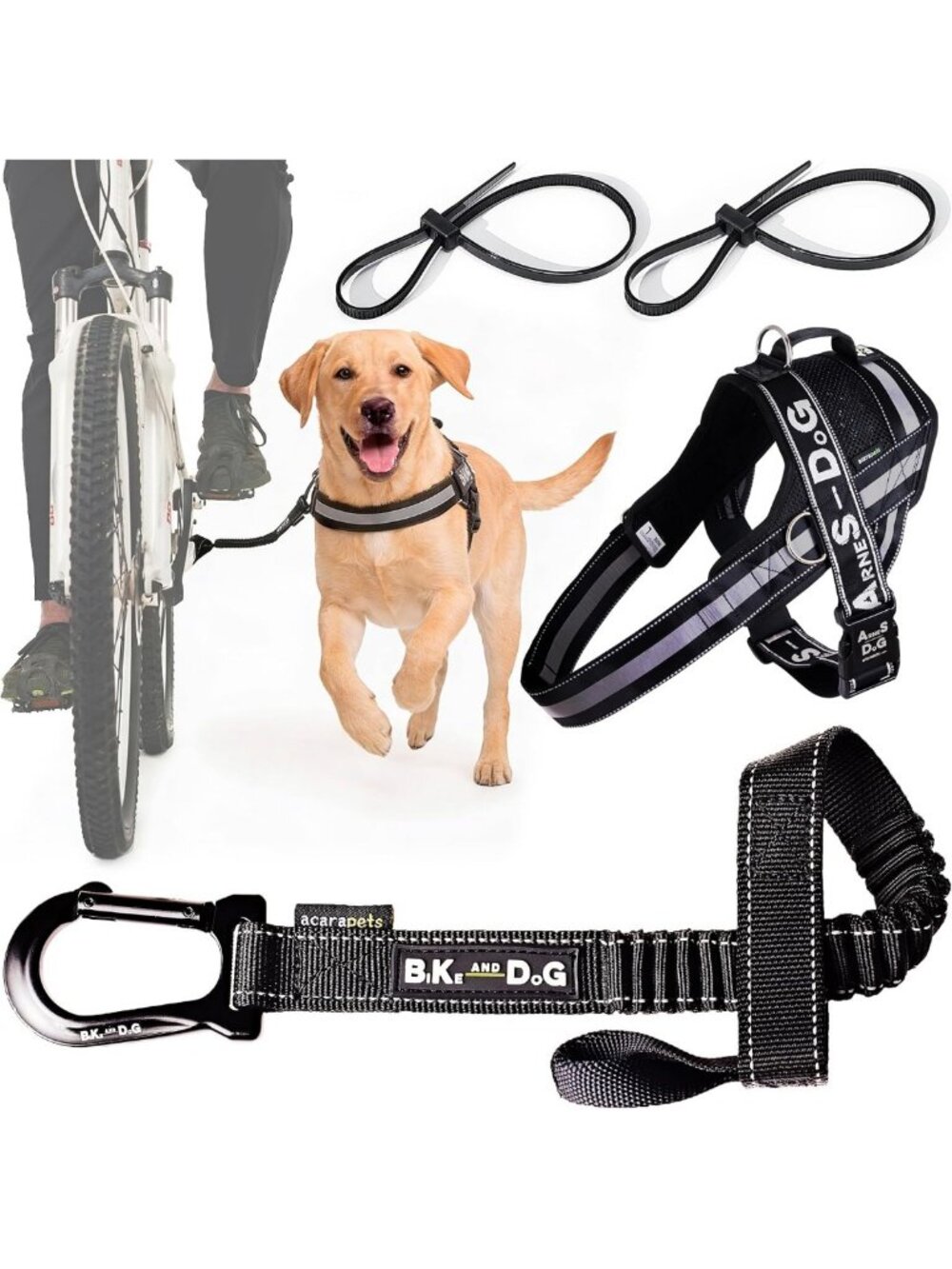 Dog Leash and Harness for Biking - 3 Rings, 2 Side Attachments, Cable Ties